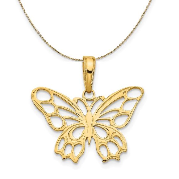14k Yellow Gold Cutout Butterfly Flat Back Necklace - 20 Inch - Picture 1 of 6